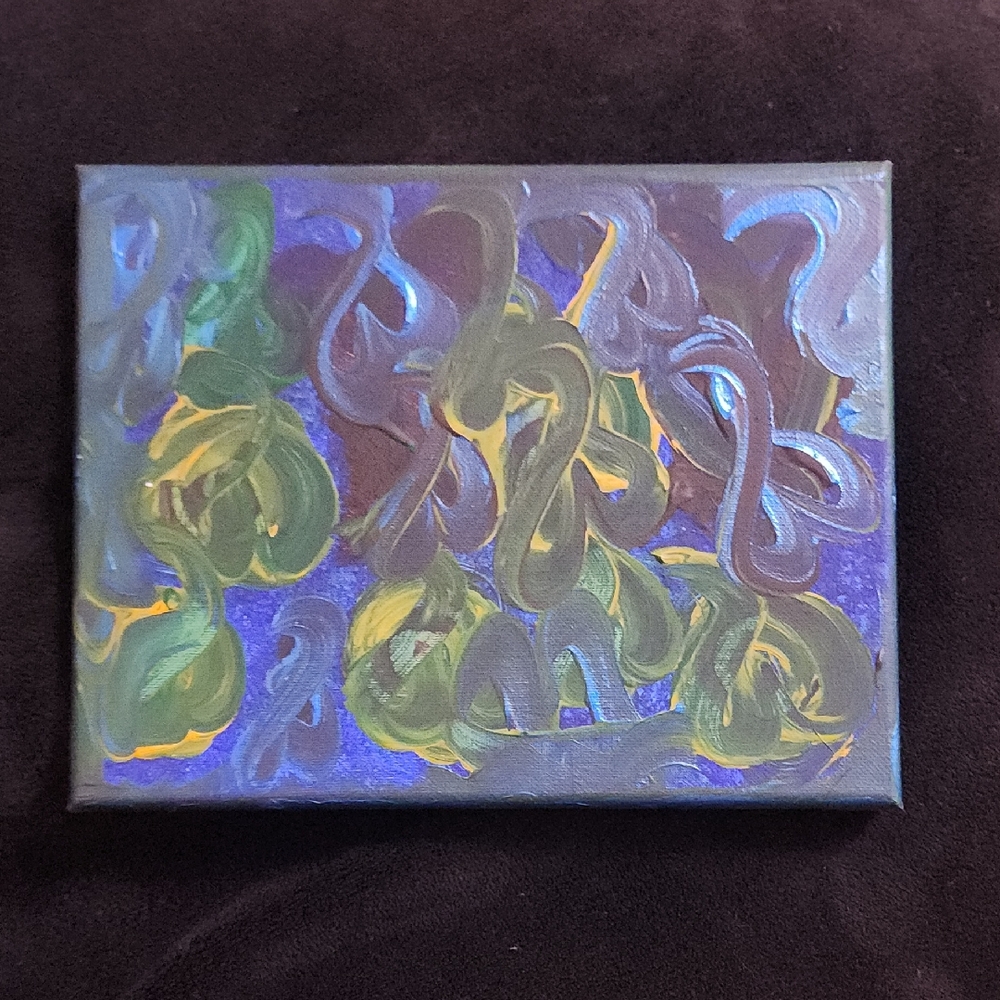 My Art - Abstract Canvas Art with Green and Metallic Blue Heart Like Swirls.